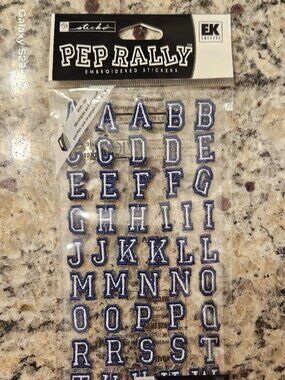 RARE EK SUCCESS PEP RALLEY EMBROIDERED IRON ON BLUE WHITE BLOCK LETTERS ALPHABET